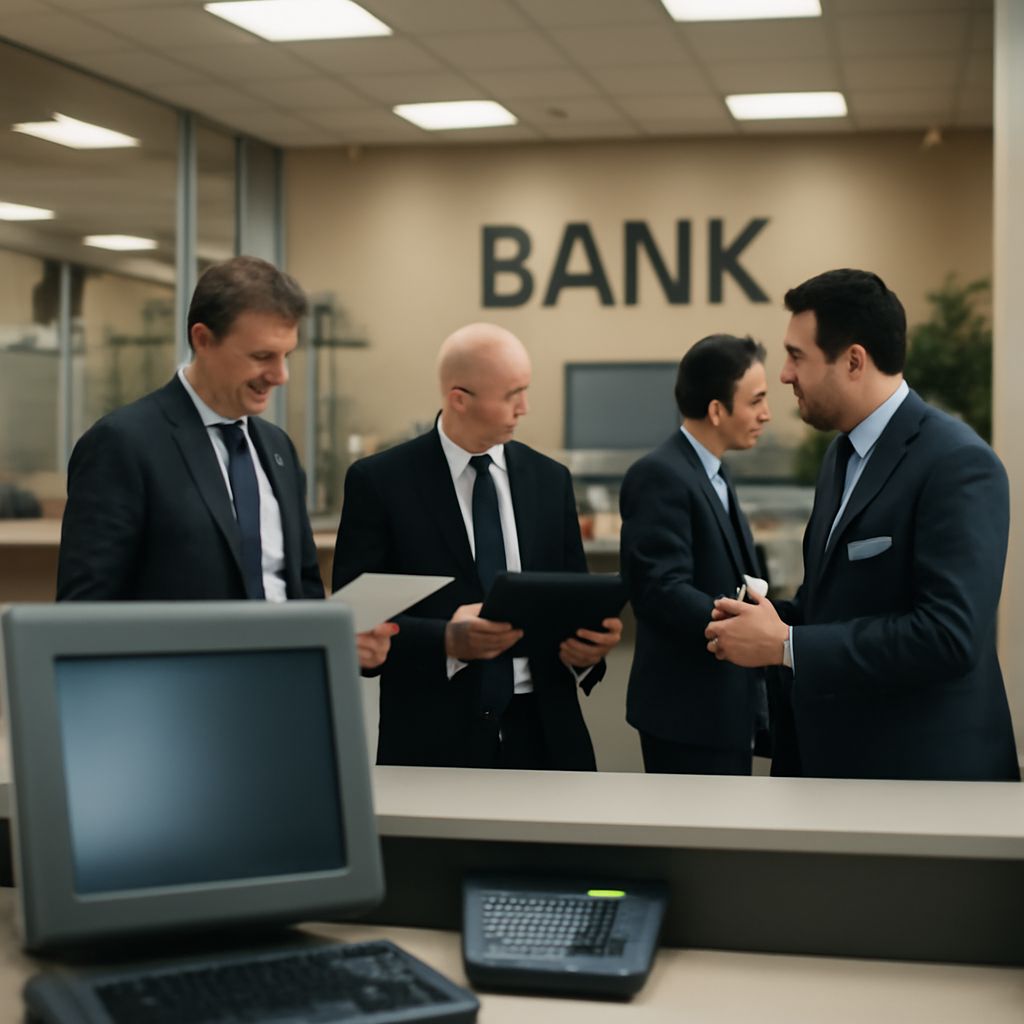Bank officials investigate in a brightly-lit interior, surrounded by documents and screens.