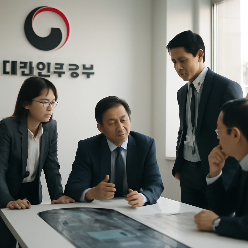 South Korean officials discuss AI-powered cyber defenses in a bright, modern meeting room with a large window.