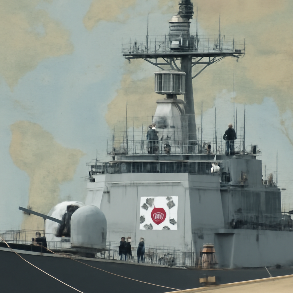 South Korean naval ship docked at a port with a map in the background.