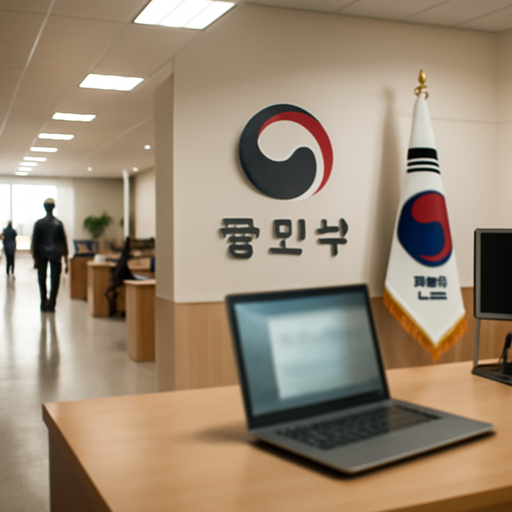 South Korean government ministry interior with modern technology subtlety integrated.