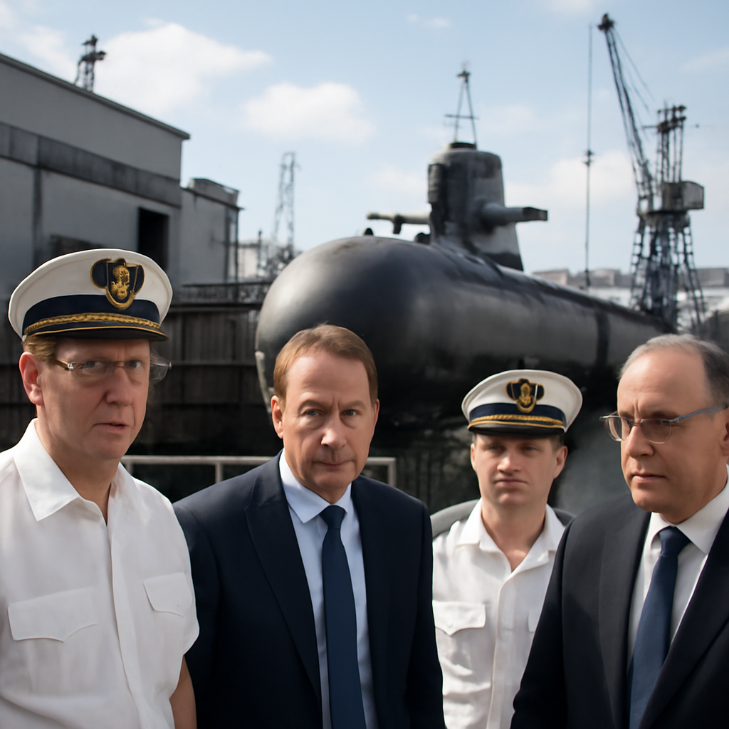 Naval personnel and officials stand near a submarine in a shipyard, showing serious and concerned expressions.