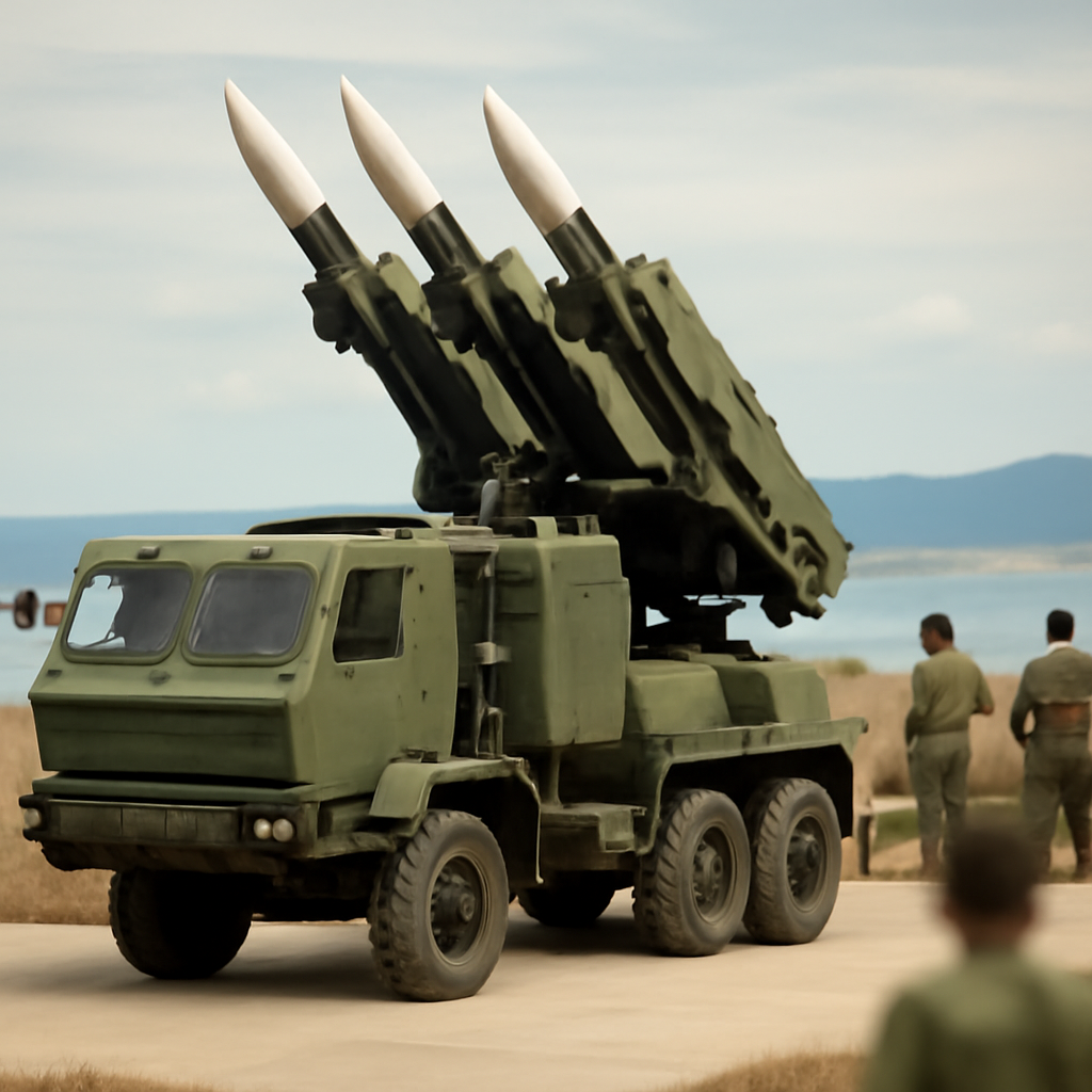 Southeast Asian military outpost with mobile missile launcher and personnel.