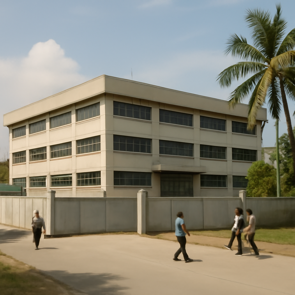 Large, generic office building in Southeast Asia with a few people outside.