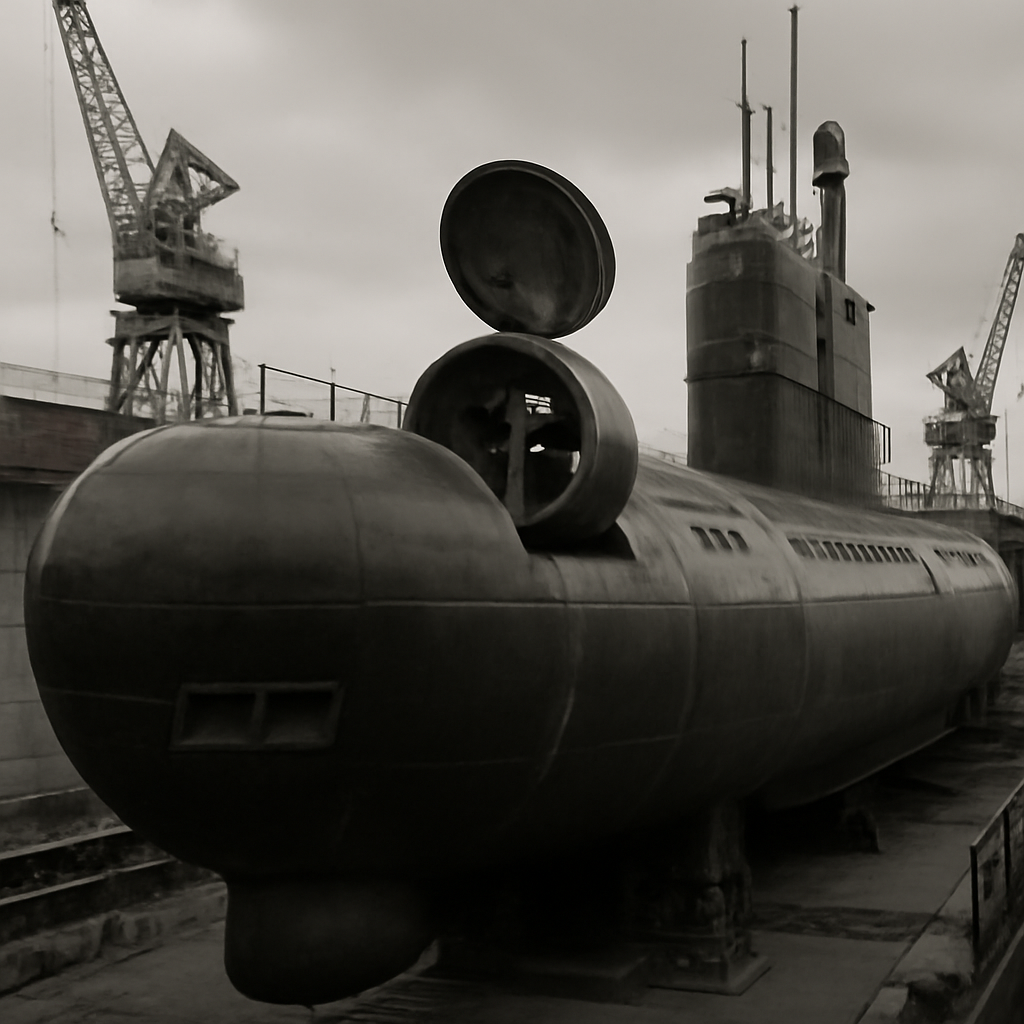 Soviet Romeo-class submarine in dry dock with open hatch, surrounded by shipyard equipment.