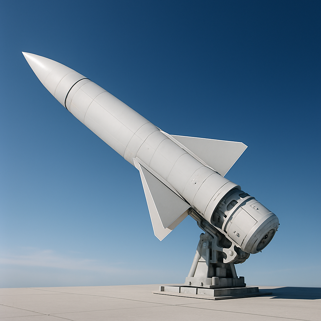 Sleek space-based interceptor set against a clear blue sky backdrop.