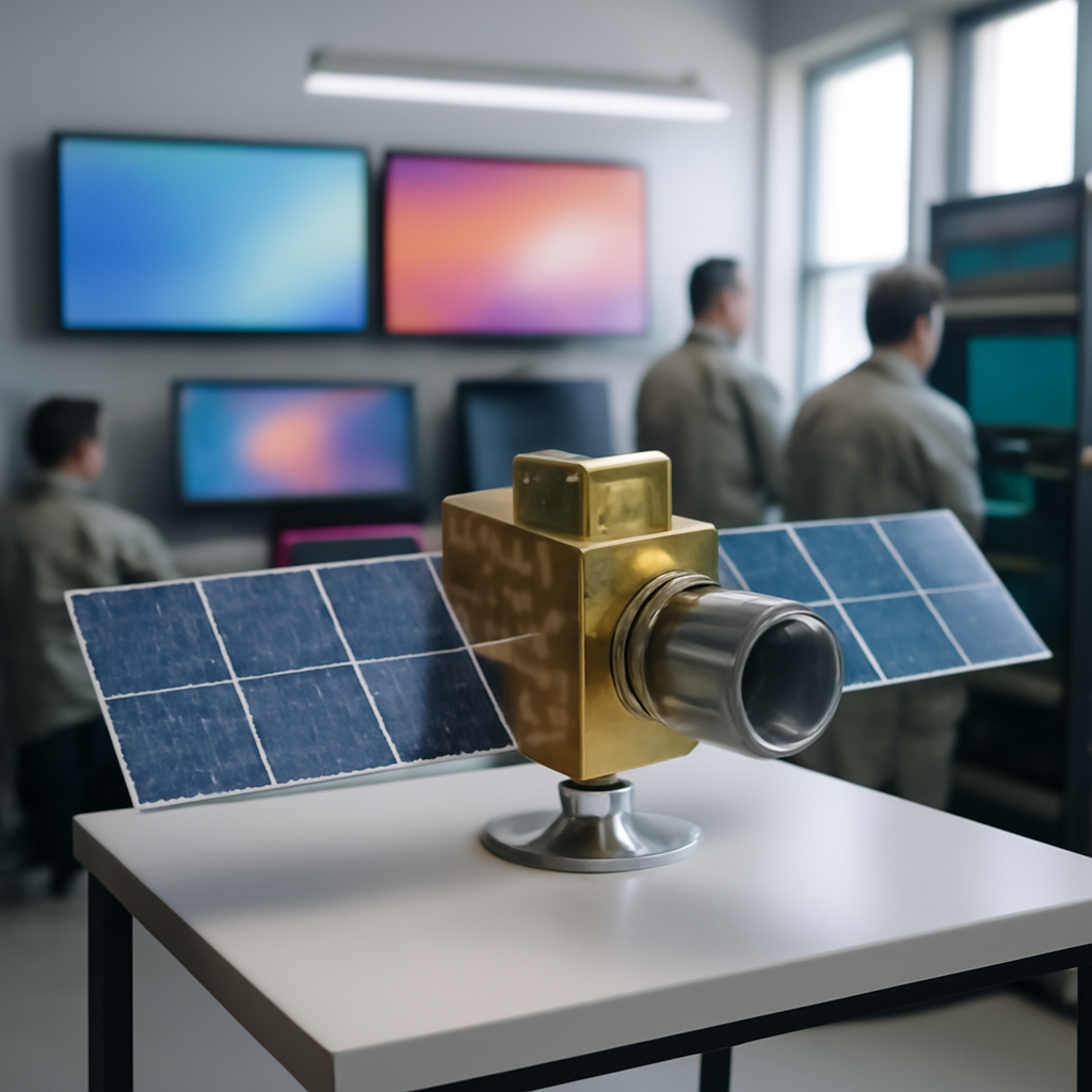 US military facility with satellite model on pedestal surrounded by technical equipment.