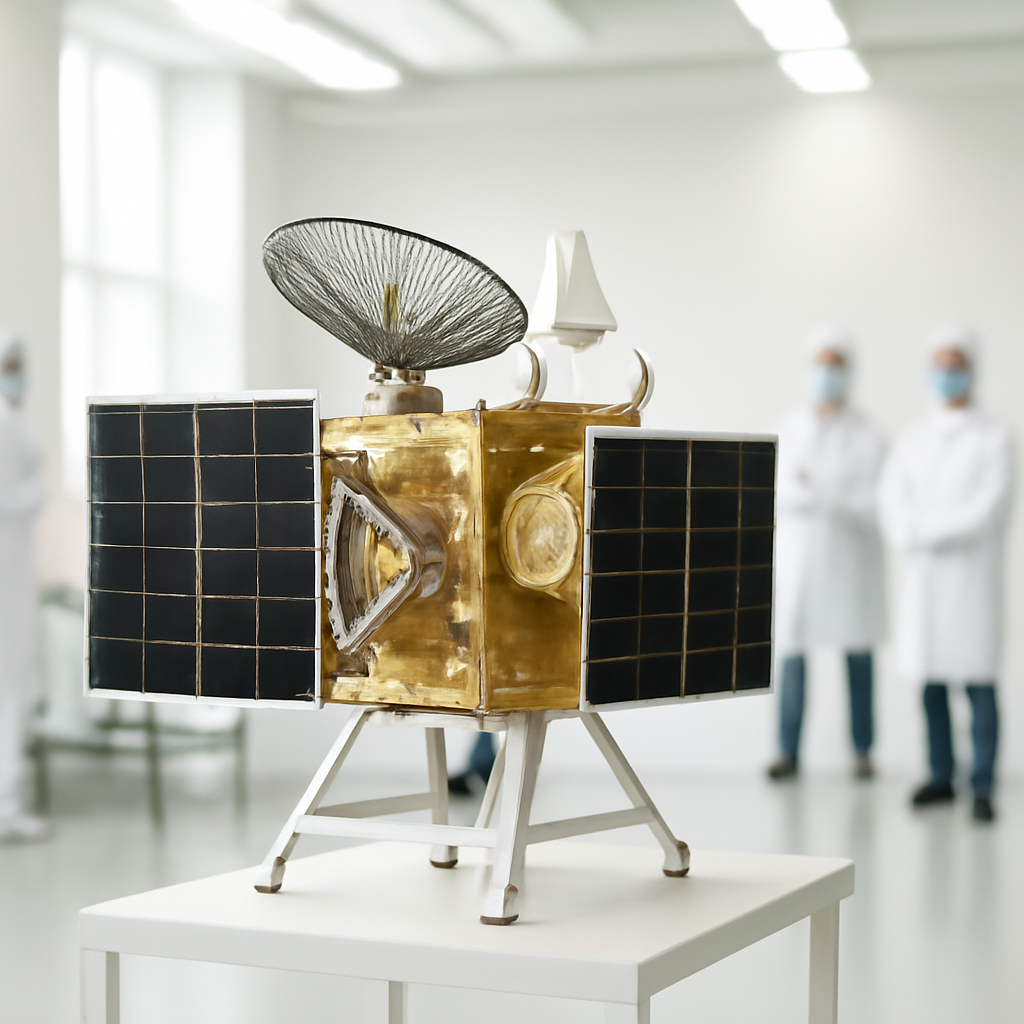 Satellites on a testing facility workbench under ambient daylight.