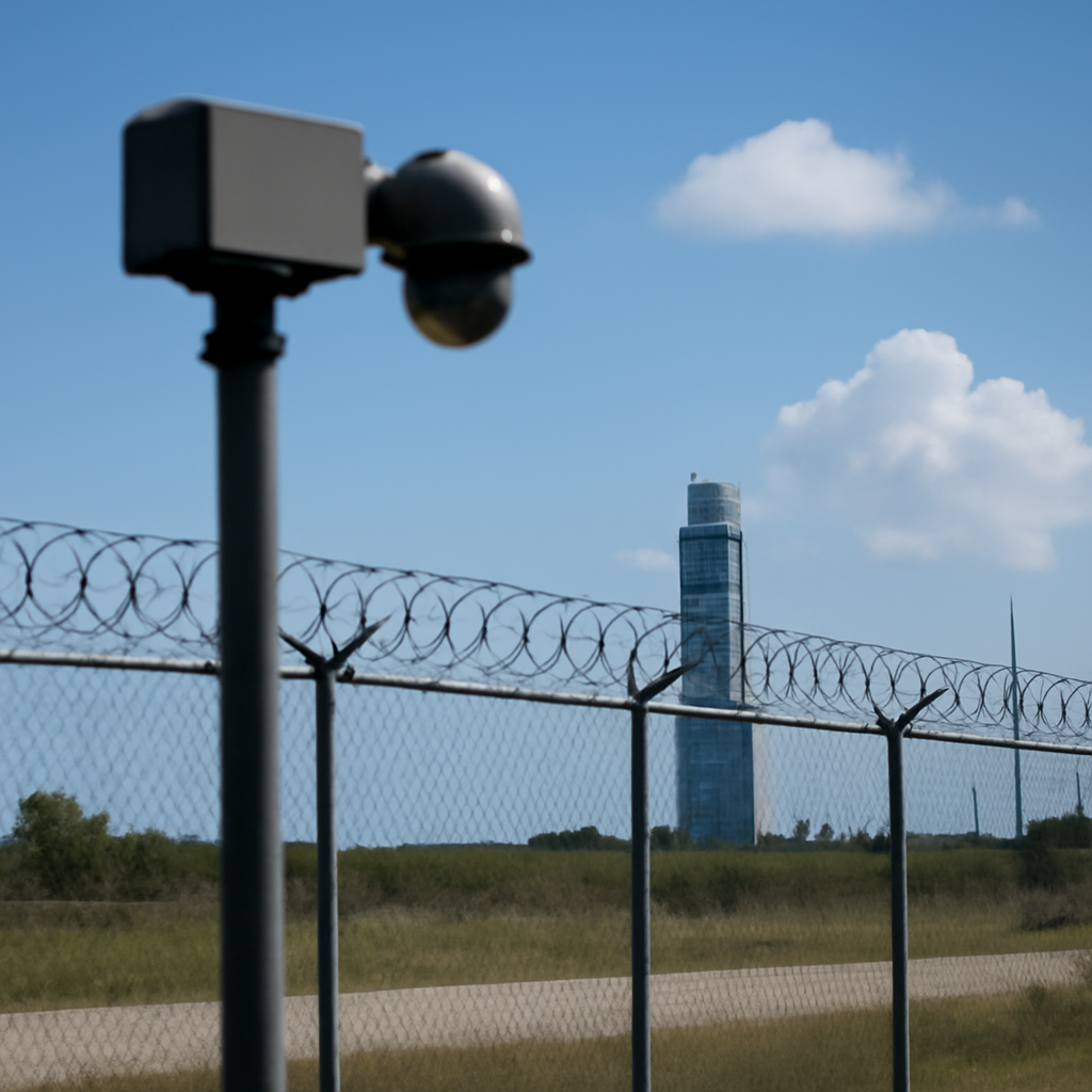 Secure perimeter fence at Cape Canaveral with drone detection system in foreground under clear blue sky.