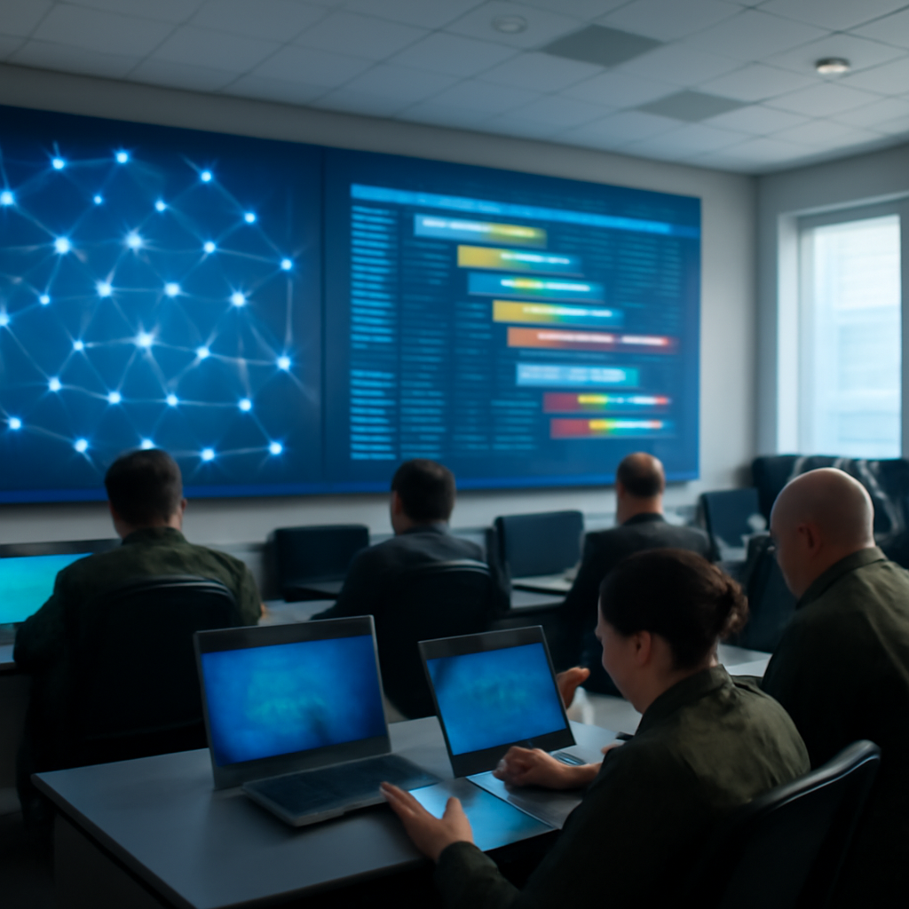 Government personnel work at consoles in a brightly-lit control room with a large display showing a network of…