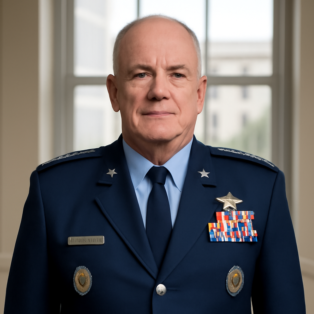Senior Space Force officer in formal attire stands before a government building, conveying leadership and authority.