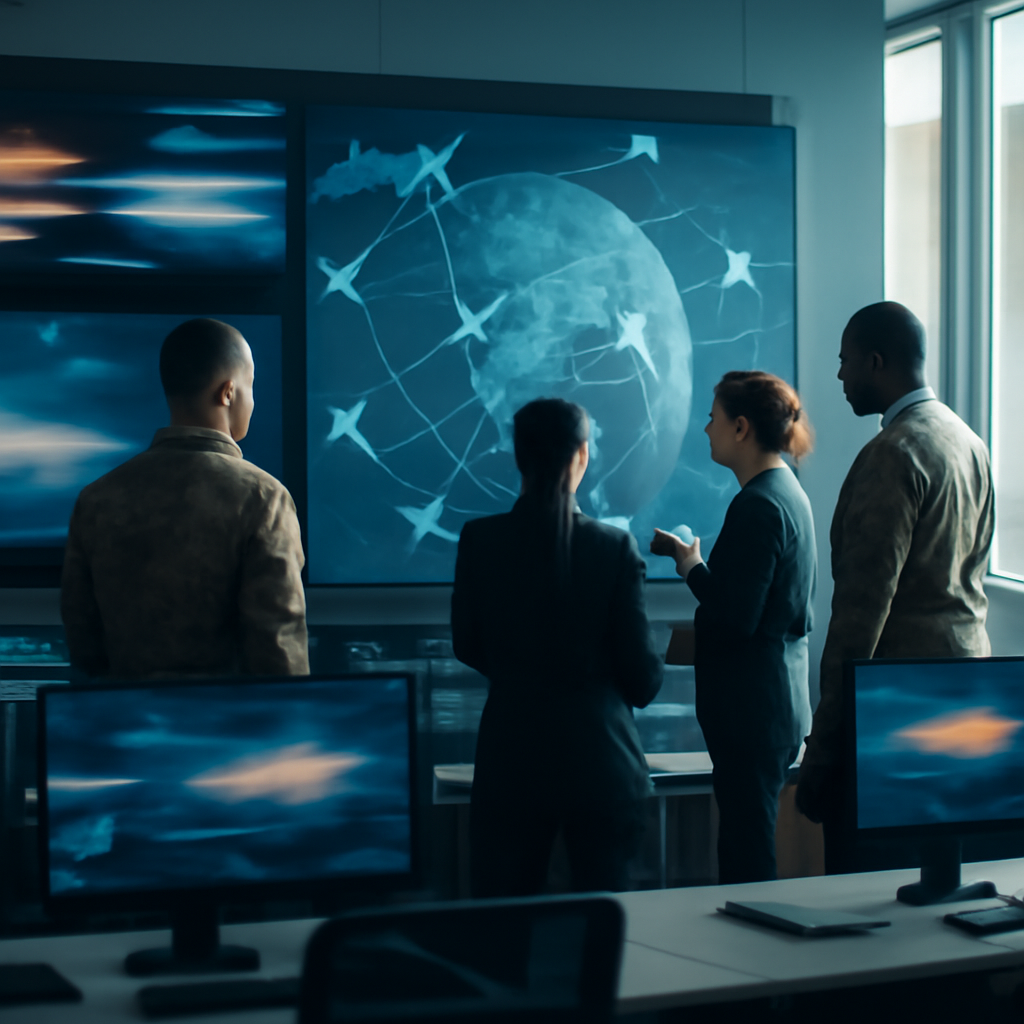 Military and civilian personnel discuss satellite network operations in front of a global map and screens displaying data.