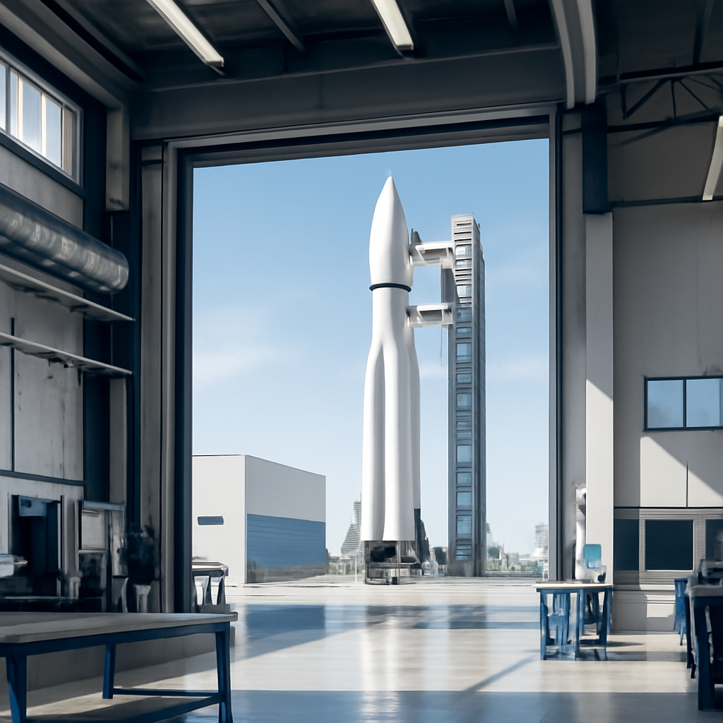Launch facility scene with rocket in background and industrial elements in foreground.
