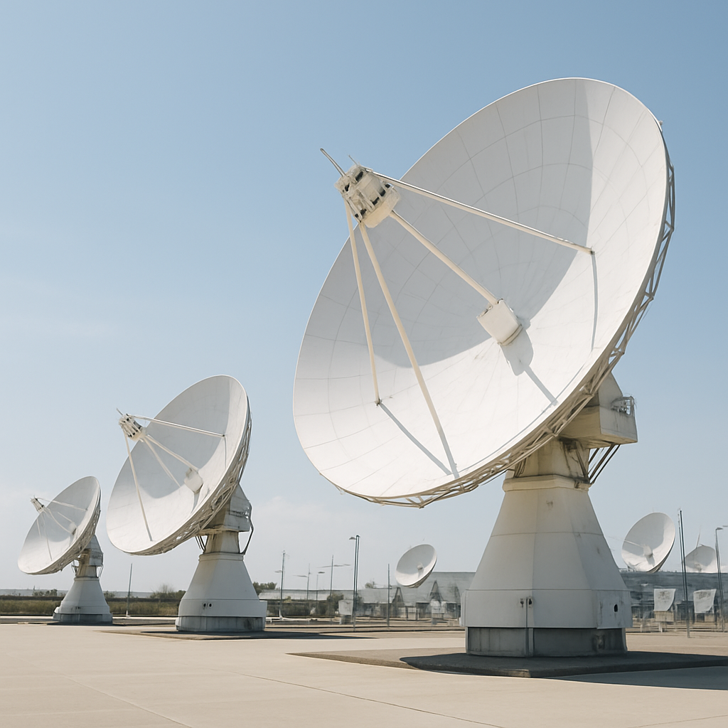 Satellite control room with dish antennas in a clean, daylight setting.