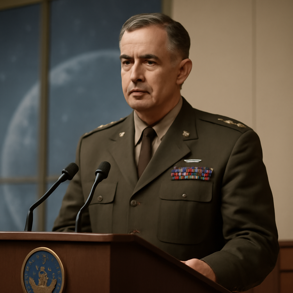 Military leader stands at podium with subtle globe background.