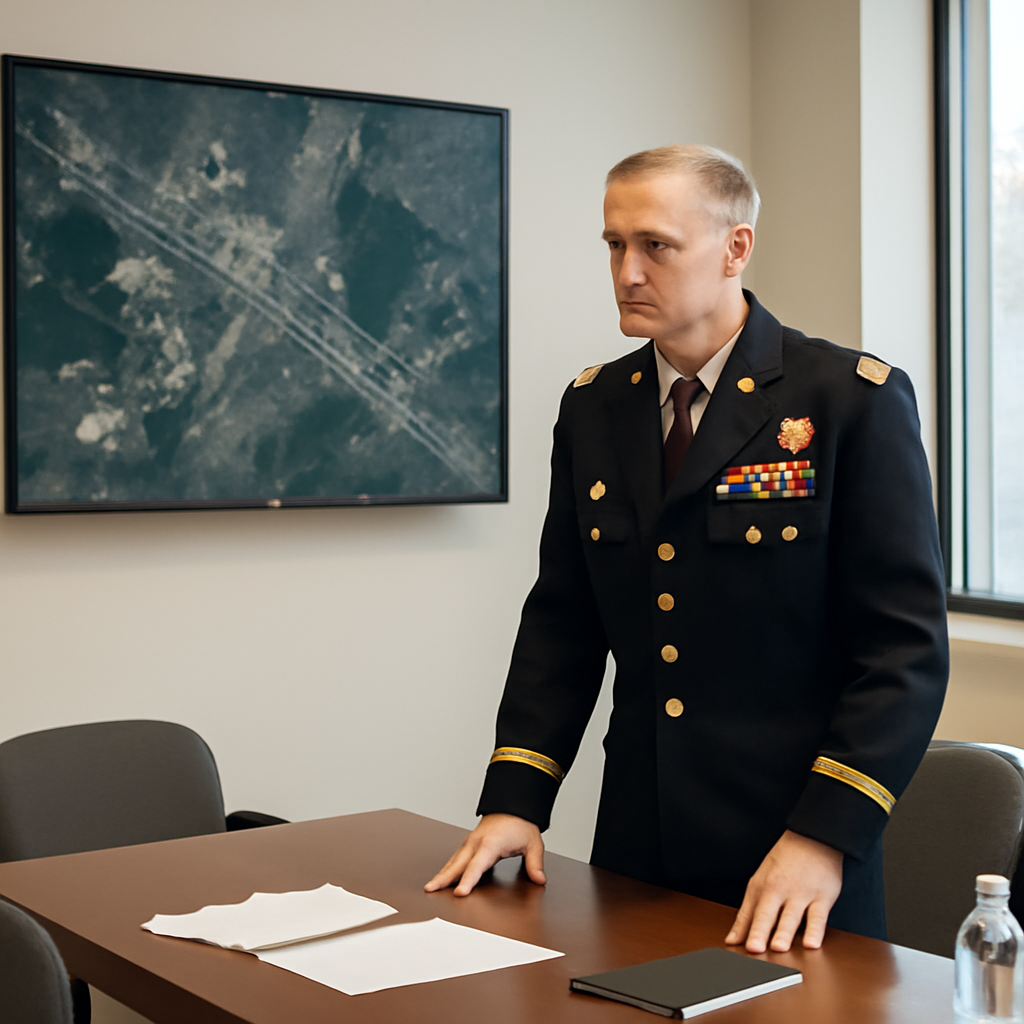 US military officer examines satellite imagery on screen in conference room.