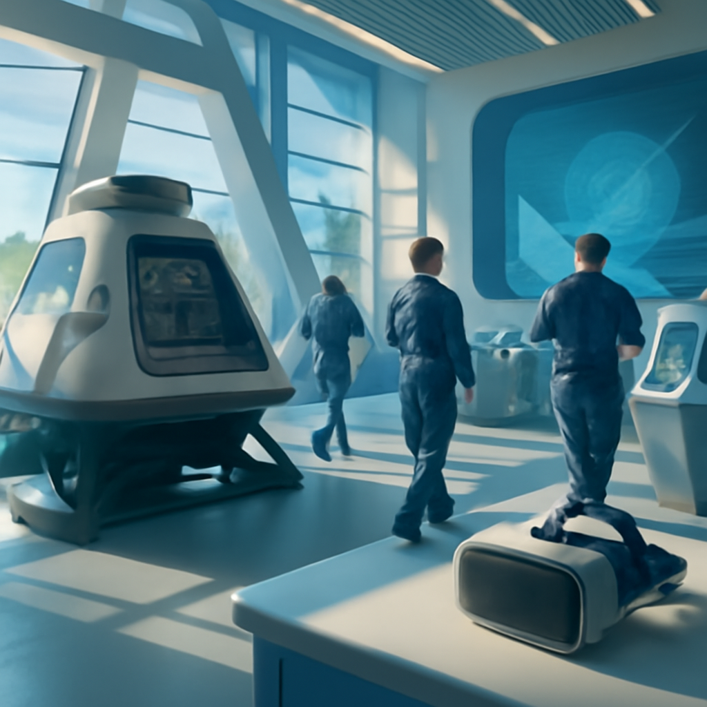 Futuristic training facility with simulation devices and bright colors.