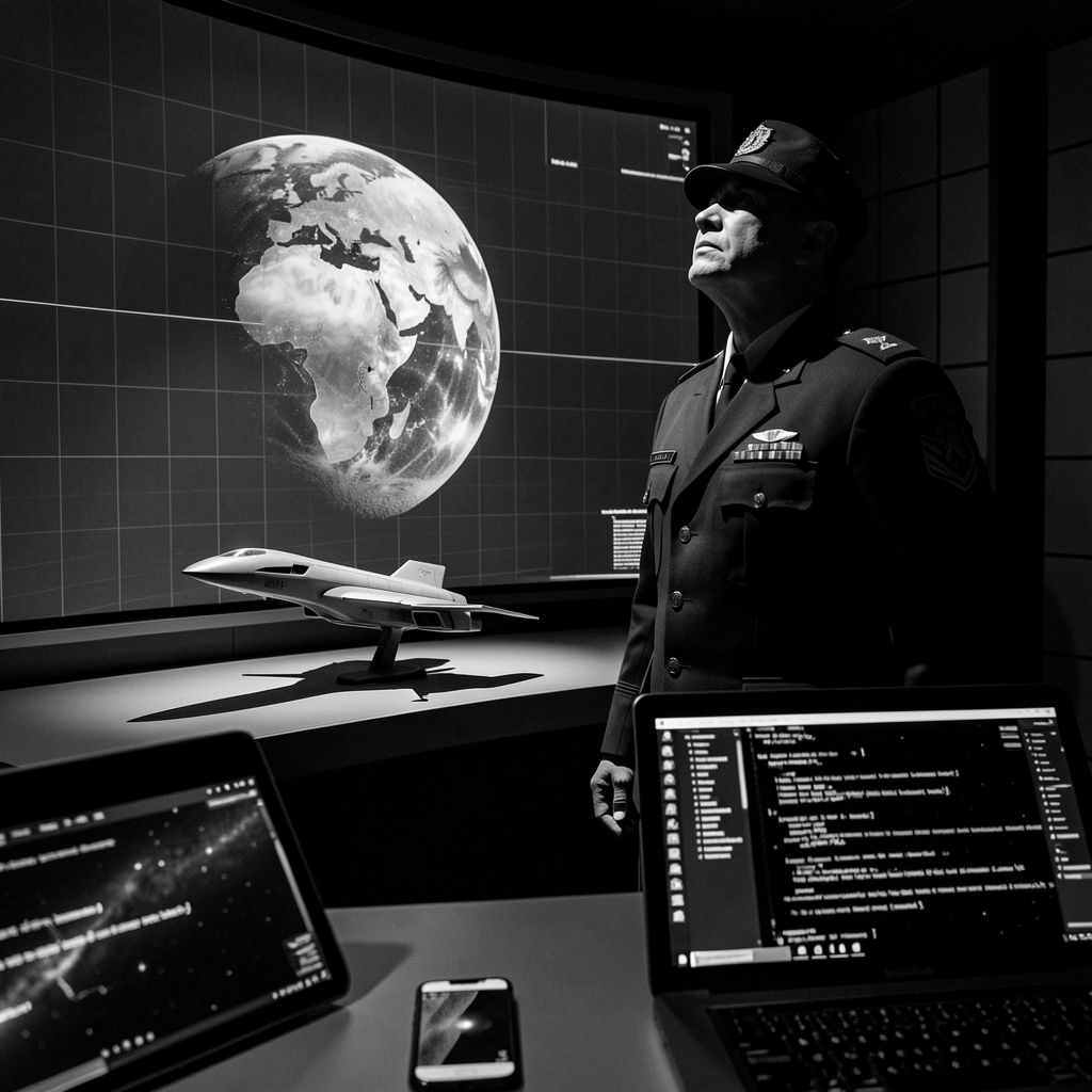 Military officer stands in high-tech command center in front of Earth and Moon 3D model display.