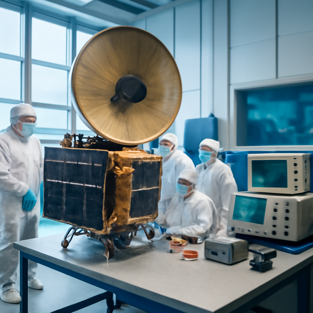 Technicians in clean-room attire surround a satellite on an assembly floor.