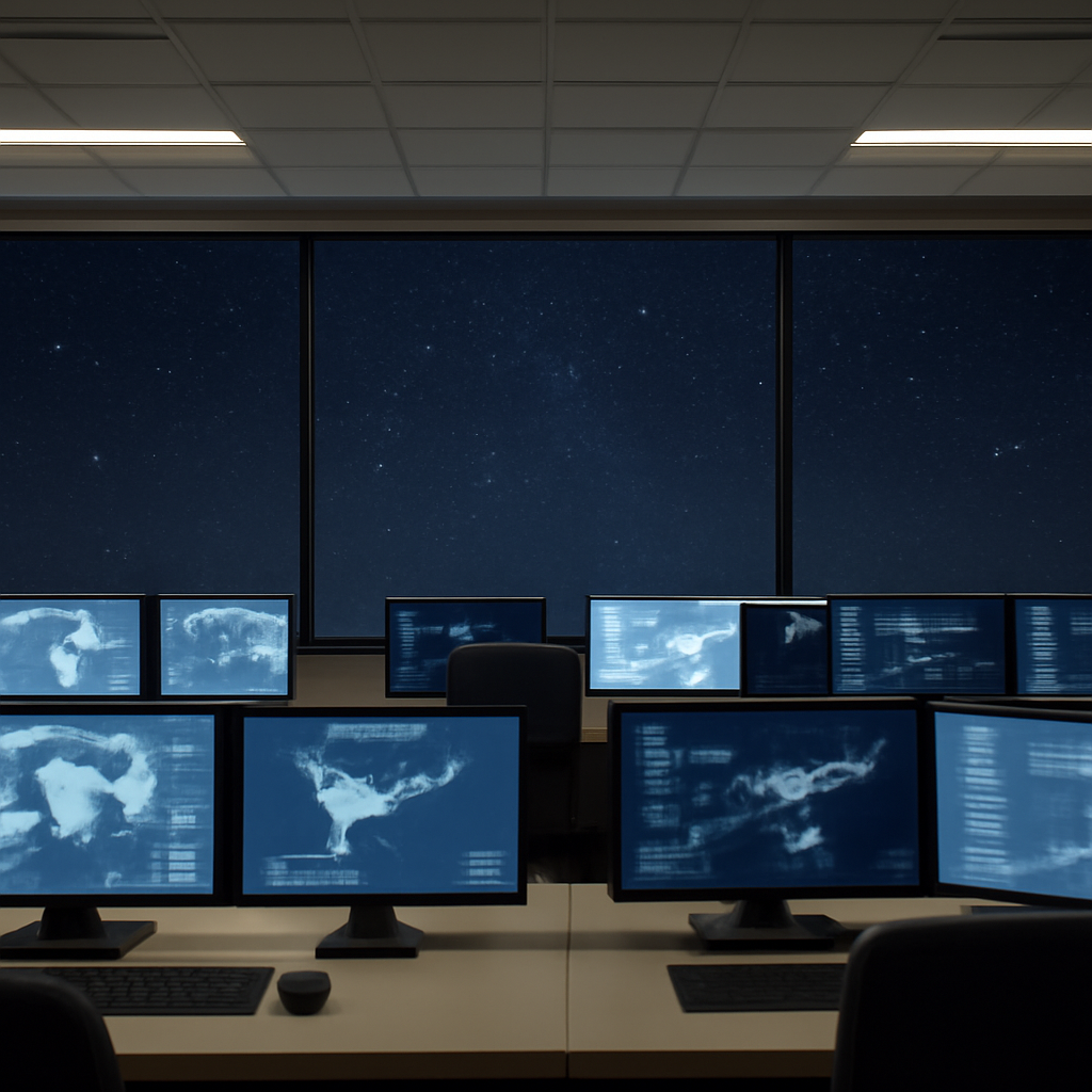 Satellite control room with consoles and screens monitoring space operations under a starry night sky.