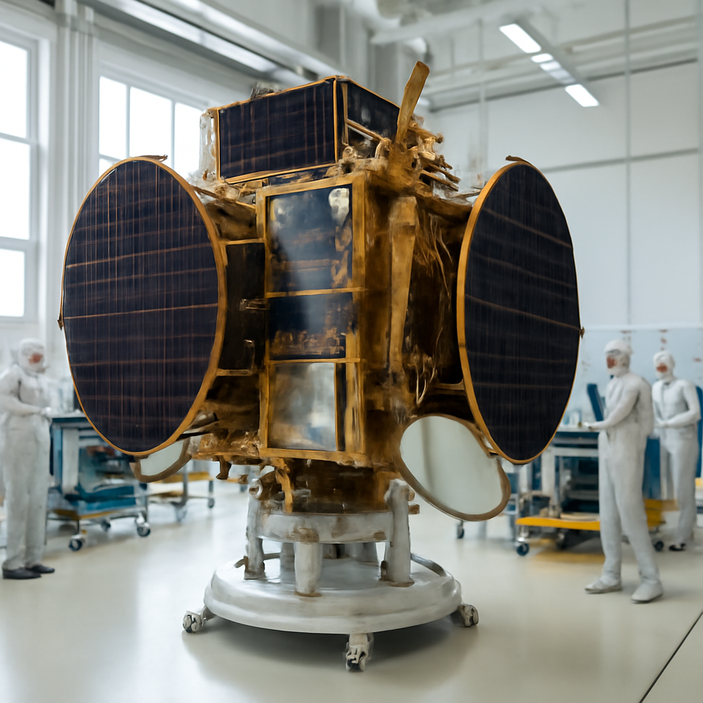 Technicians work around a large satellite bus in a brightly-lit integration room.