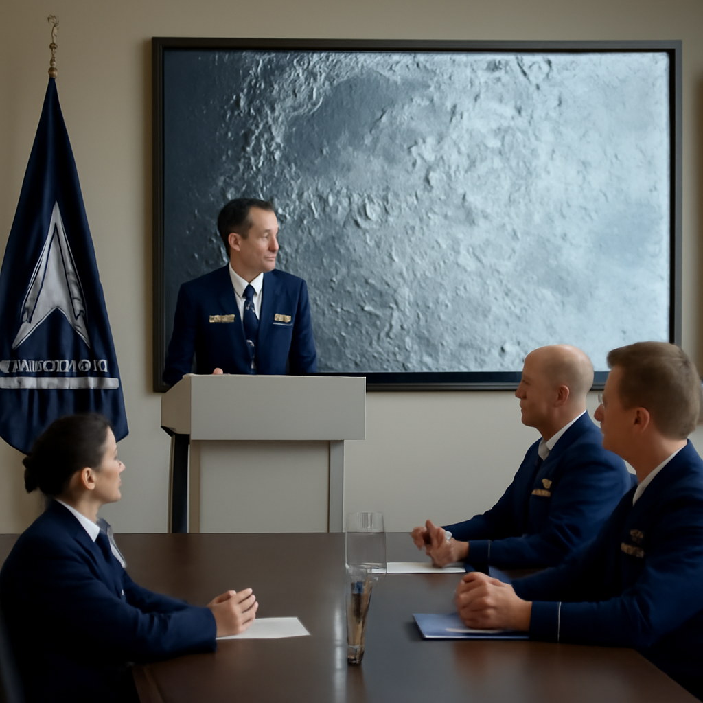 US Space Force officers in briefing room with lunar surface map display.