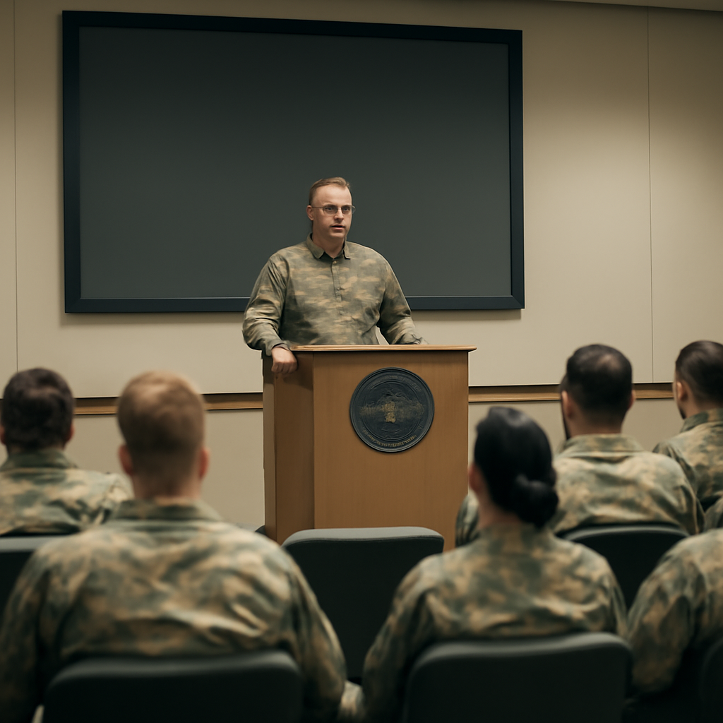 Military personnel gather around a podium in a briefing room with a large screen display.