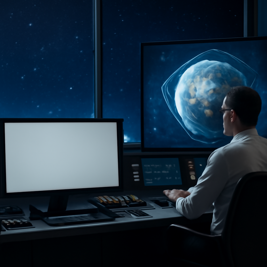 Technician in a satellite control room looks at Earth's orbit display under a starry night sky.