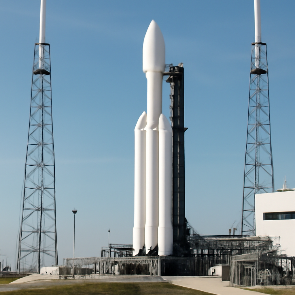 SpaceX rocket on launchpad surrounded by infrastructure, ready for launch.