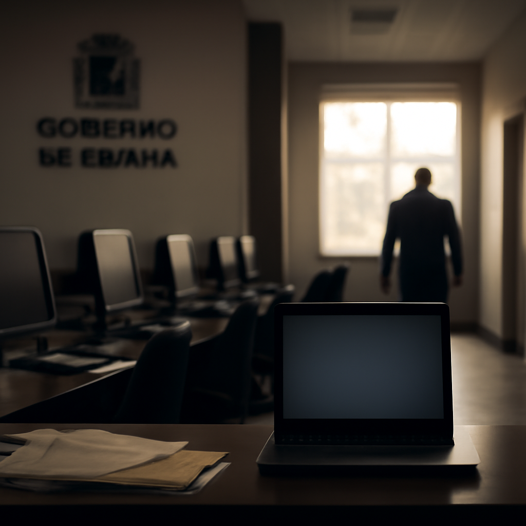 Somber office scene with blurred laptop screen and scattered papers.