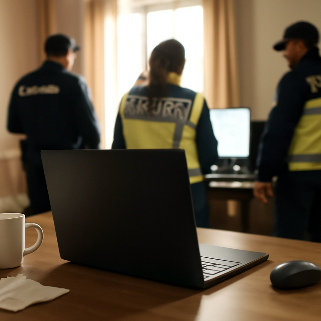 Police officers stand near a computer in a softly lit home interior.