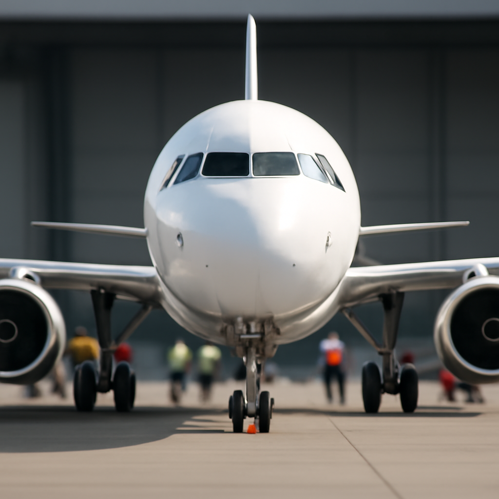 Airbus A321 aircraft on a runway with technicians and equipment in the background.