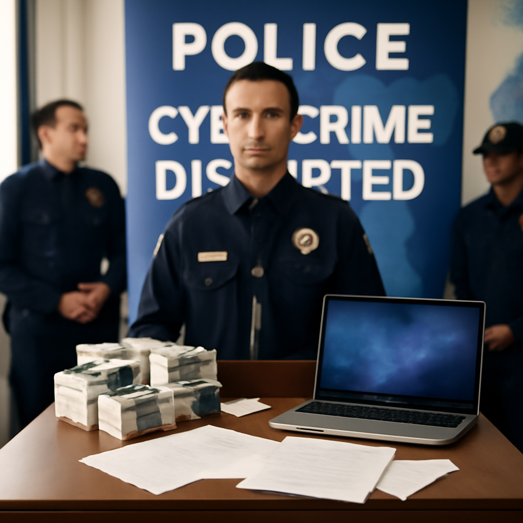 Law enforcement officials gather around a table in a brightly-lit briefing room, signaling disruption of illicit activity.