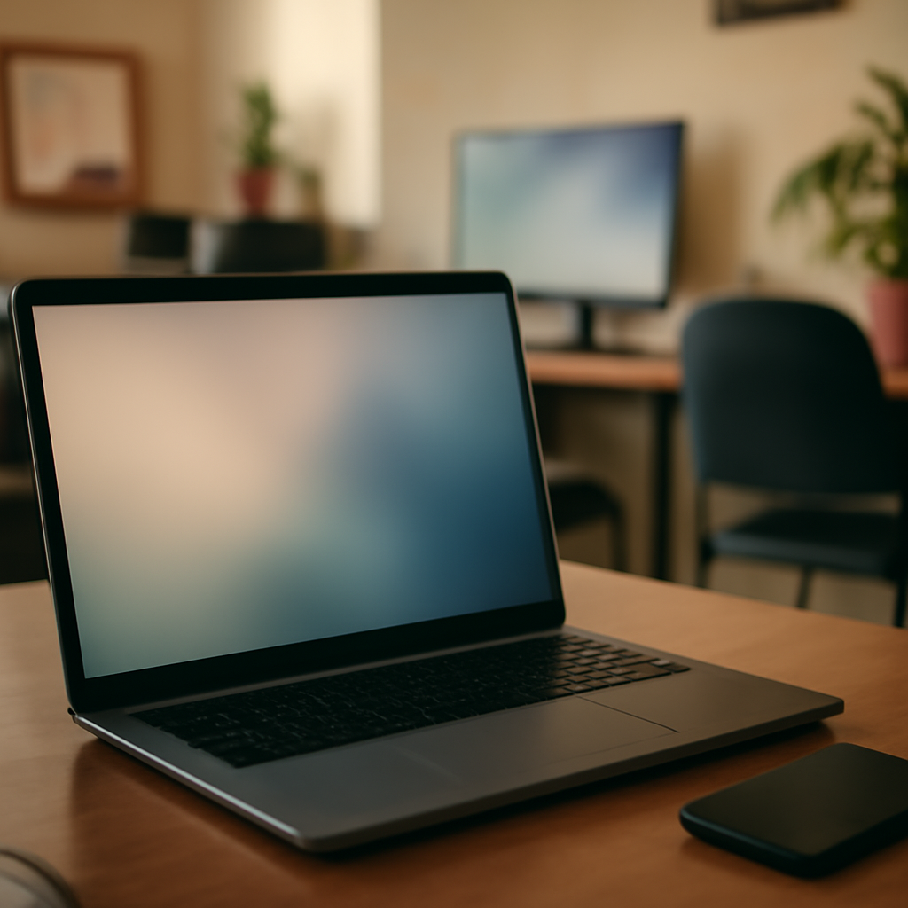 A cluttered Cambodian office desk with a laptop and smartphone, laptop screen blank.