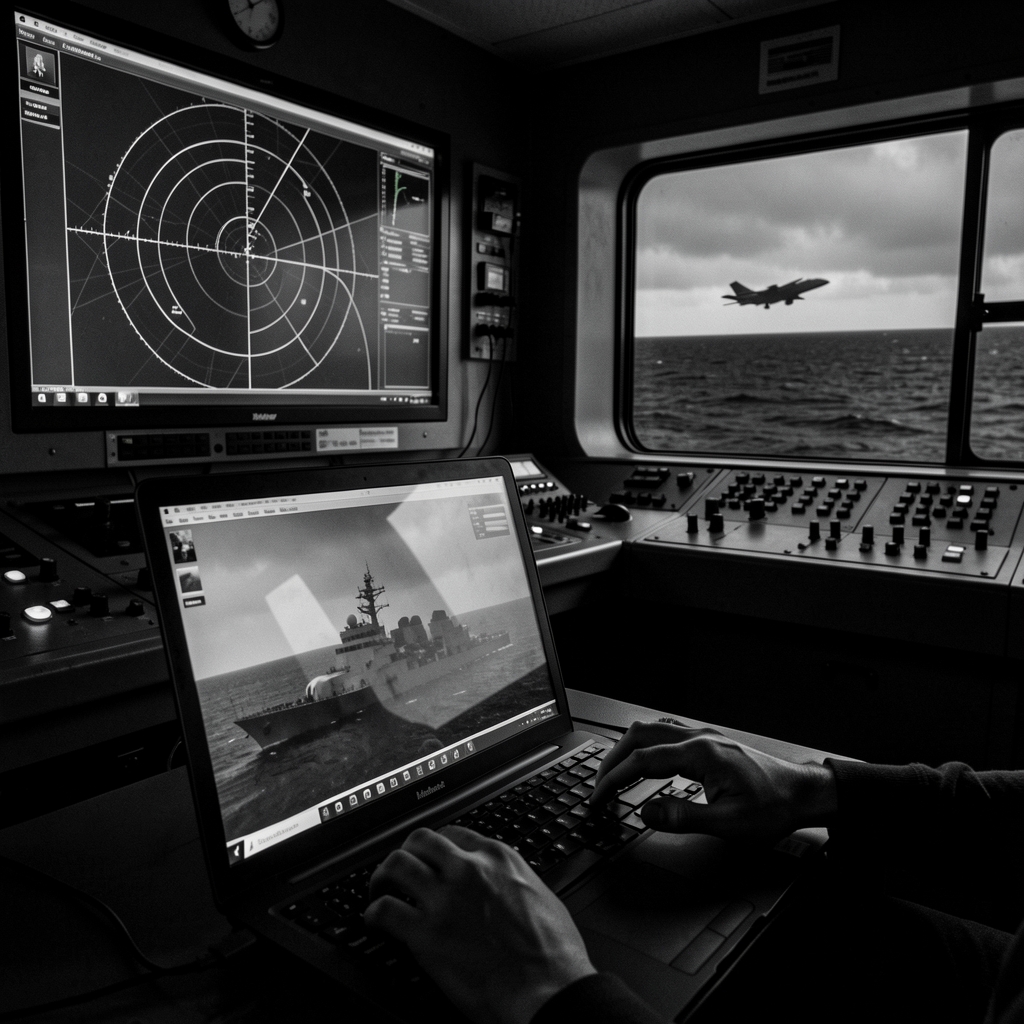 Military simulator room with radar system display and hands typing on laptop.