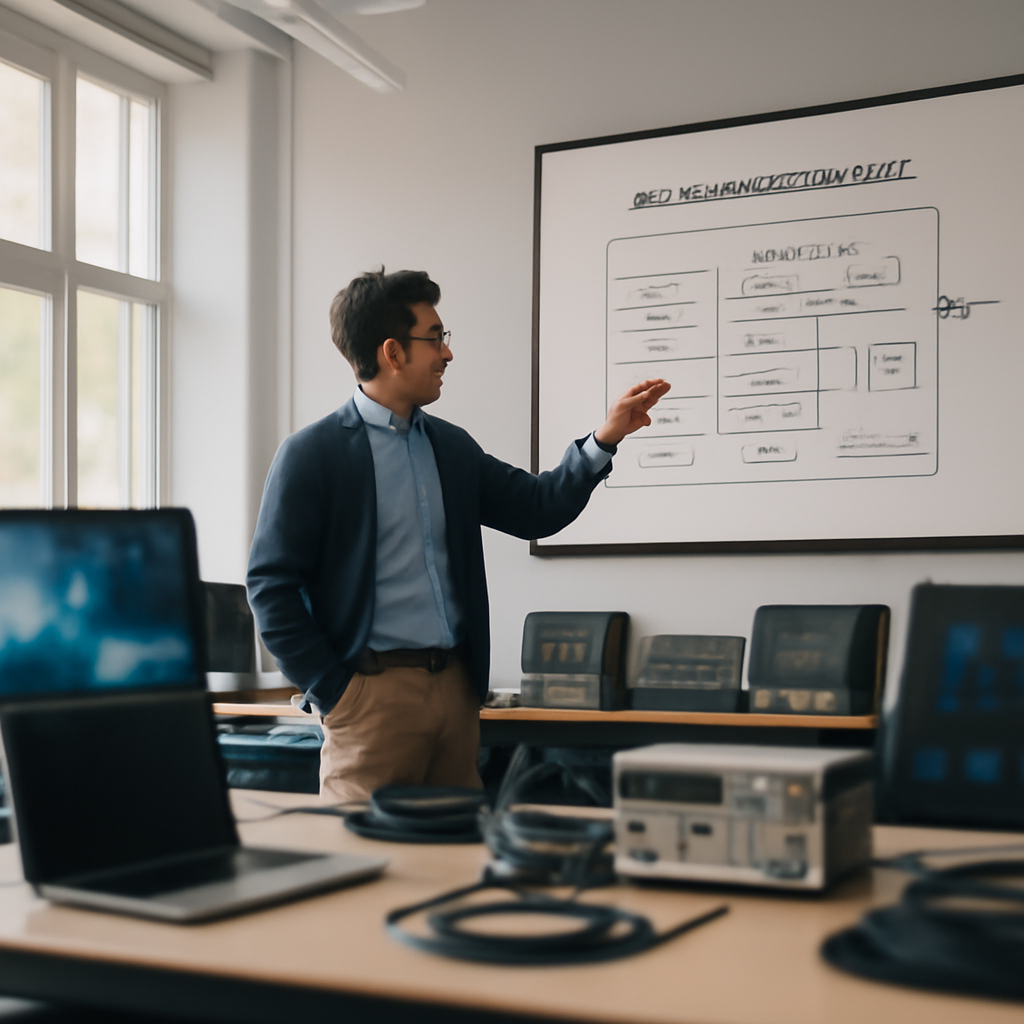 Researcher standing beside workstation with technical equipment and large screen displaying complex diagram.