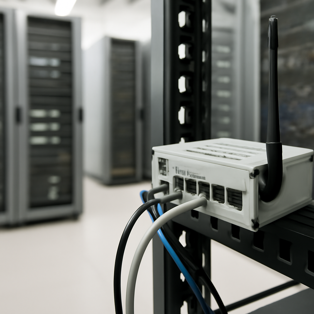 Brightly-lit server room with computer servers and equipment, featuring a networked industrial controller on a rack in the…