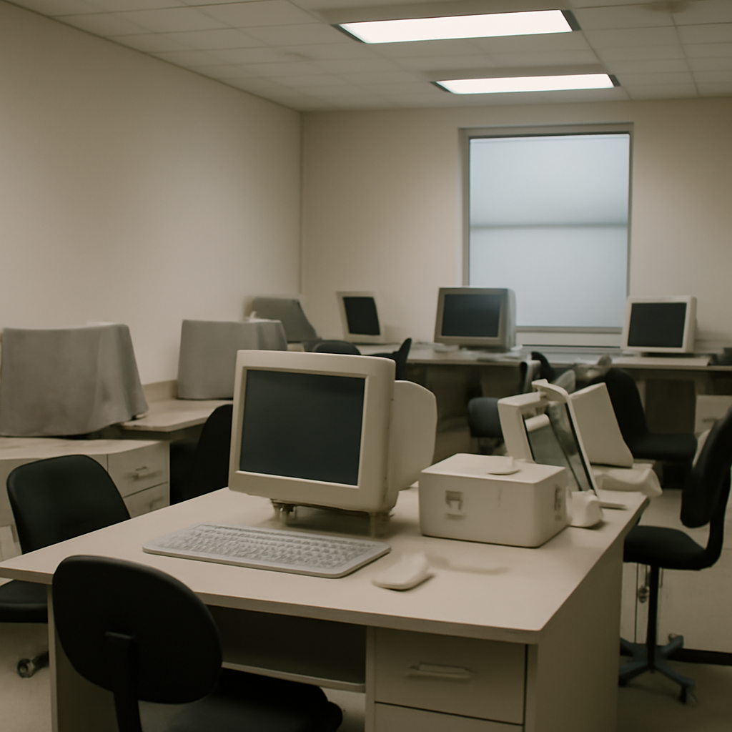 Disrupted school office with computers and equipment in disarray.