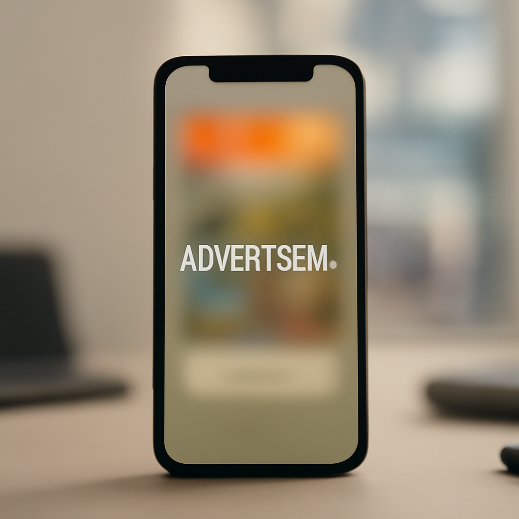 Smartphone screen shows blurred ad on neutral background with cityscape visible through window.