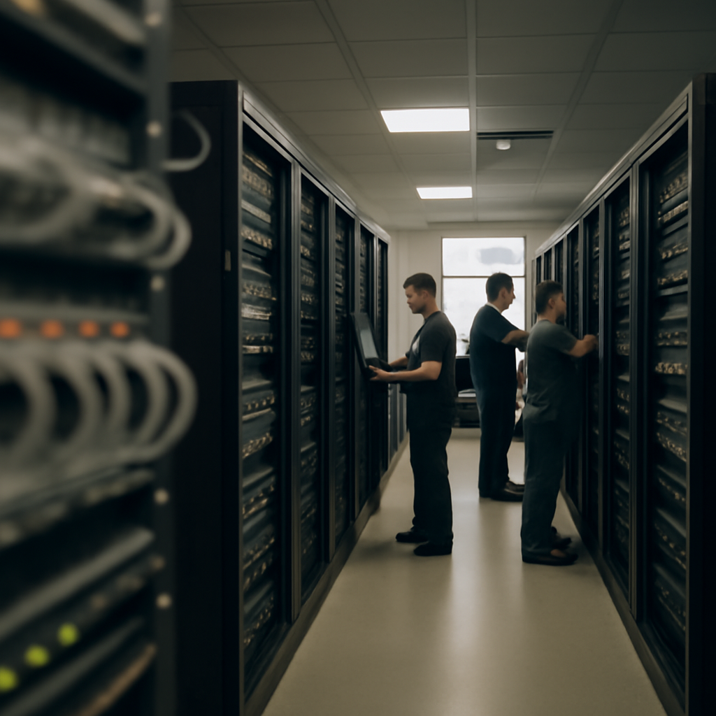 Technicians work in a dimly lit server room with rows of racked equipment.