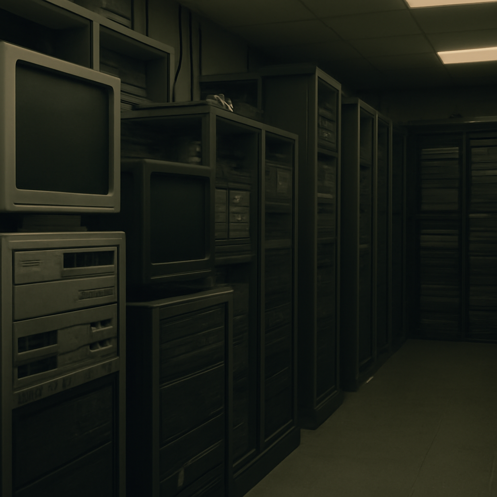 Dimly lit network server room with rows of generic computer servers and equipment racks.