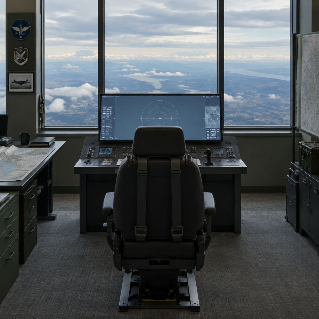Historic military briefing room with chair facing blank computer screen and distant view out window.