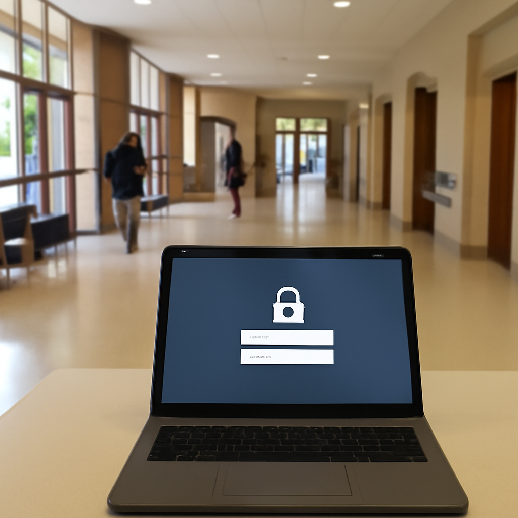 University hallway with open doors, symbolizing vulnerabilities in single sign-on security.