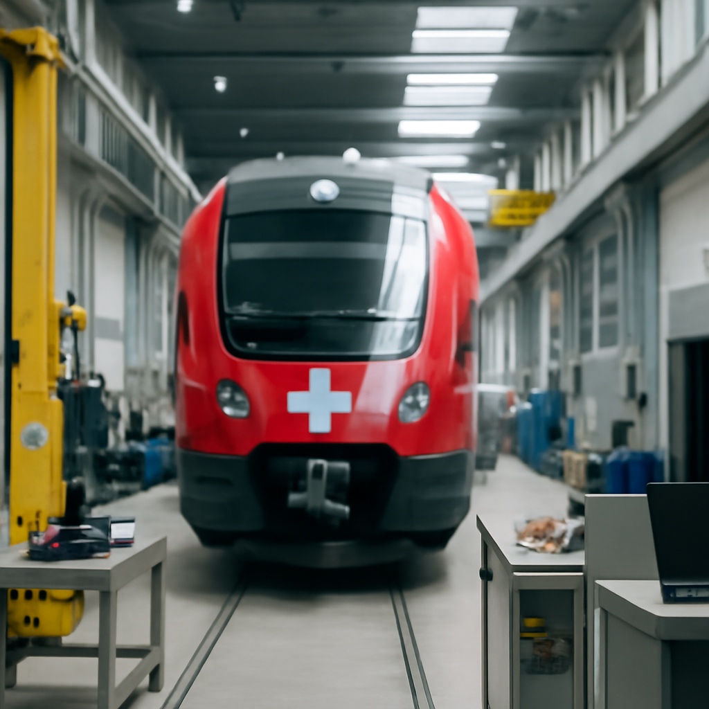 Swiss industrial facility with machinery and subtle tech setup in background.