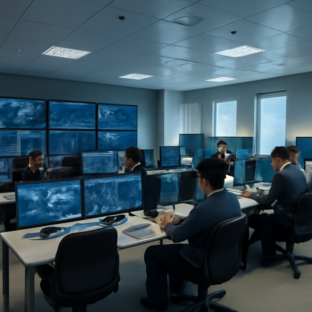 Security operations center with some workstations unoccupied, showing signs of understaffing.