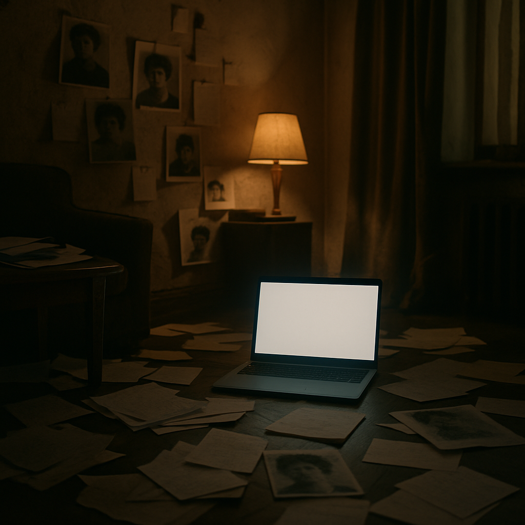 Dimly lit room with scattered papers, laptop, and personal notes, conveying unease and vulnerability.