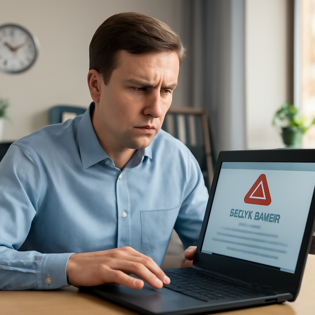 Concerned office worker sits at computer with subtle hint of phishing email on screen.