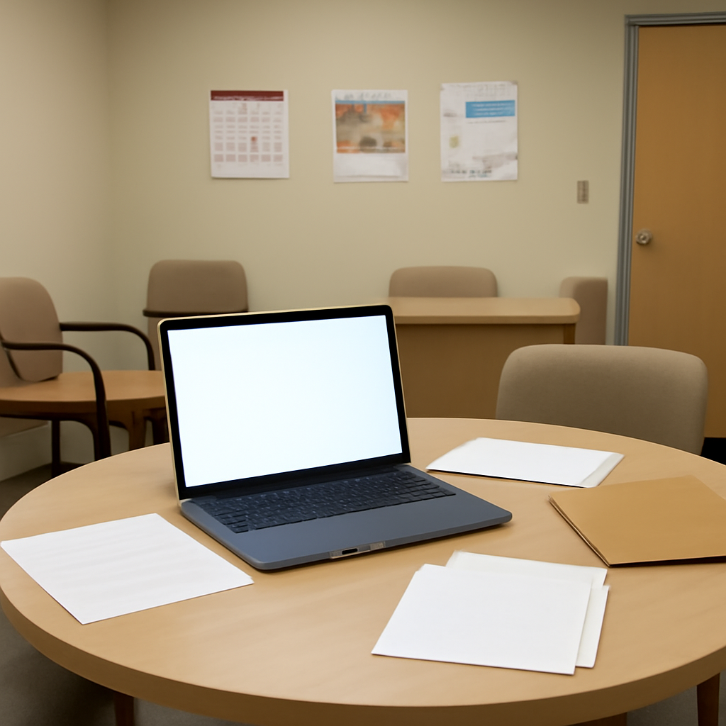 Office workspace with computer, papers, and fake event invites on a table and in the background.