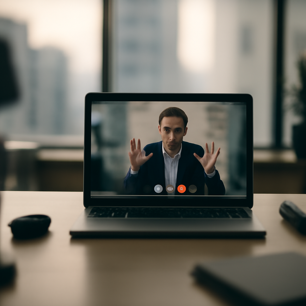 Modern office setup with laptop on desk, cityscape through window.