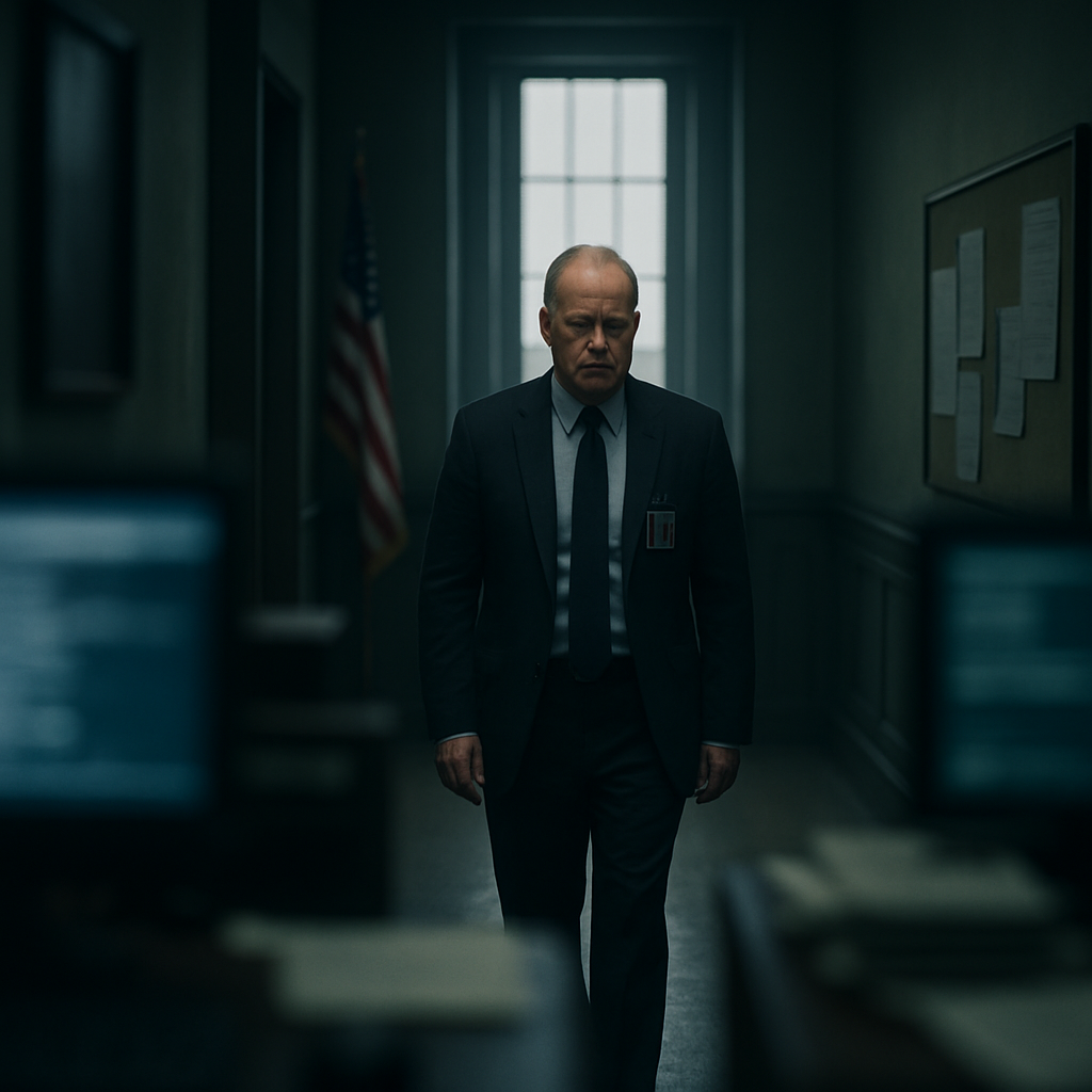 A lone government official walks down a hallway with blurred face, surrounded by out-of-focus computer screens and papers.
