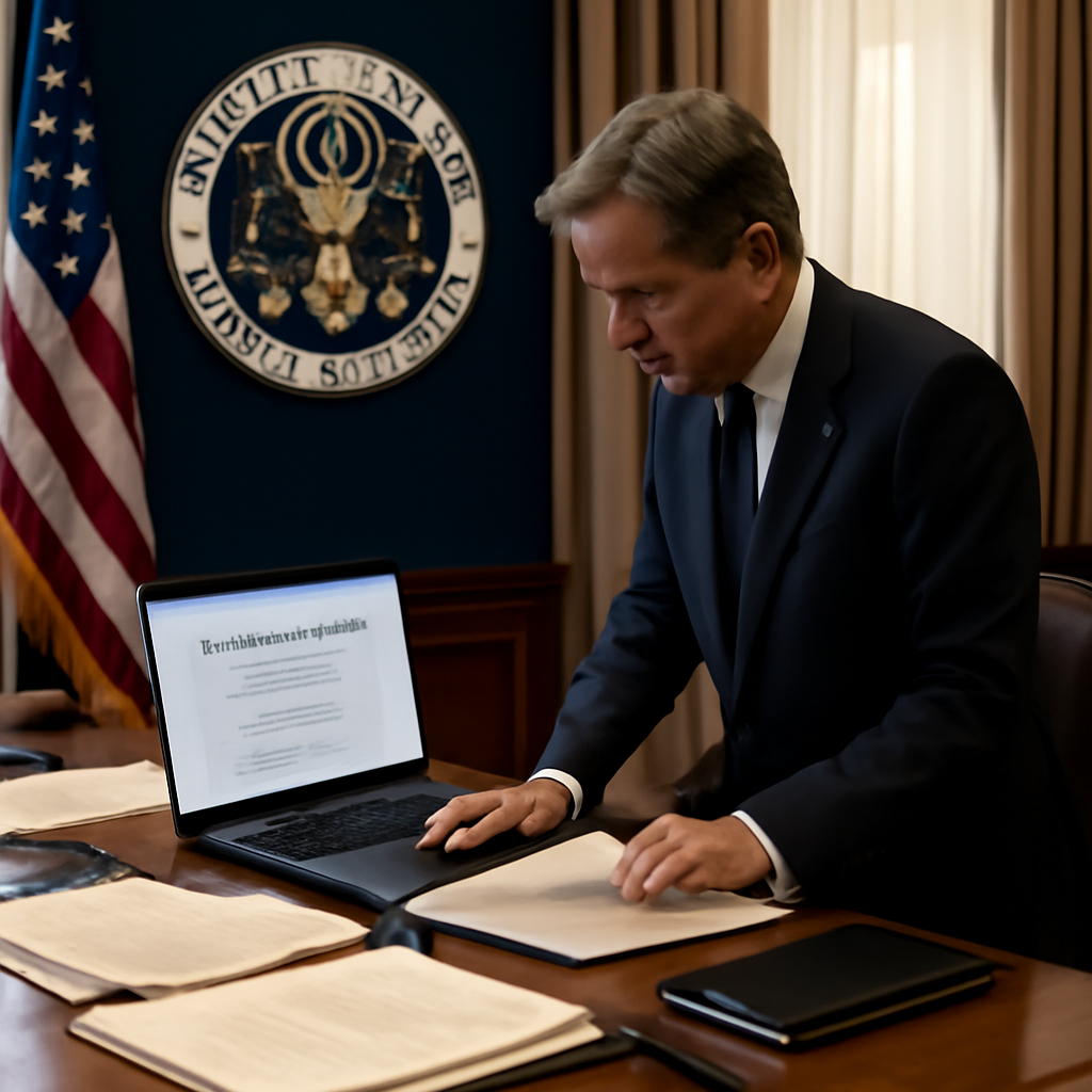 State Department official stands before a desk with a laptop displaying a draft document featuring the phrase Super…